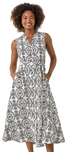 Roman Originals Circle Print Shirt Dress for Women UK - Ladies Everyday Holiday Spring Summer V-Neckline Comfy Soft Evening Vacation Work Party - Black - Size 20