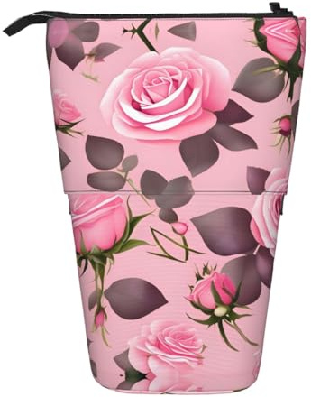 WBQLSL Hübsches einziehbares Federmäppchen mit rosa Rosen, perfekt für Make-up, Schreibwaren oder eine Münzbörse.