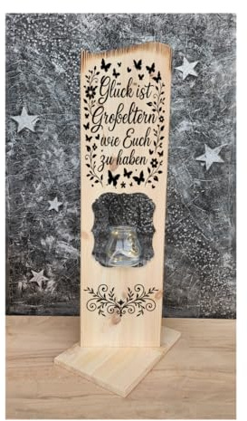 Designbysh Holzaufsteller Großeltern Geschenk – „Glück ist, Großeltern wie Euch zu haben“ – Deko-Schild mit Gravur & Windlicht – Handgefertigt aus Holz, 80×20 cm – Geschenk für Oma & Opa