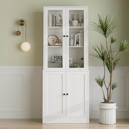 VOWNER 5-stöckiges Bücherregal mit Glastüren, 180 cm Vitrinenschrank, Küchenschränke, Küchenschrank Hochschrank, Buffetschrank für Küche, Wohnzimmer, Esszimmer, A (Weiß, 1PCS)