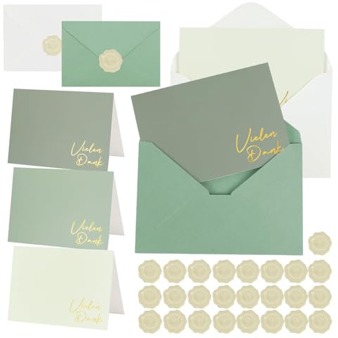 DATIFF 48TLG Salbeigrün Dankeskarten mit Umschlag und Gold Siegel Aufkleber | Danksagungskarten Hochzeit Dankeschön Karte Vielen Dank Thank you Postkarten für Geburtstag Goldene Hochzeit Konfirmation