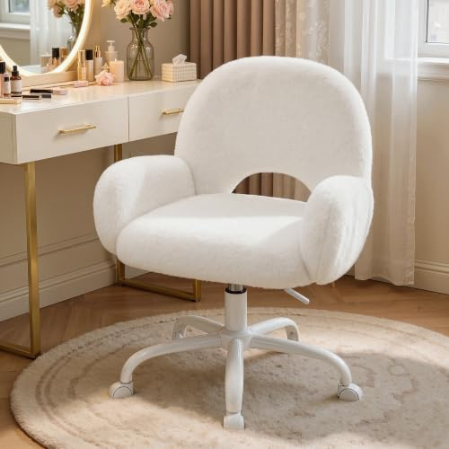 Klyvvo Schminktisch Stuhl mit weichem Kunstkaninchenfell, Beige | Höhenverstellung & 360° drehbarer Schreibtischstuhl, belastbar bis 140 kg, Bürostuhl ideal für Homeoffice, Schlafzimmer