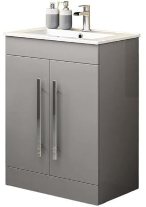 iBathUK Avon Vanity Unit with Basin, Slim Edge Ceramic Wash Basin for Bathroom Furniture, Storage Cabinet with 2 Doors- Gloss Light Grey (Flat Pack)