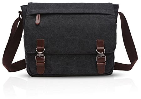 FANDARE Retro Umhängetasche Segeltuch Schultertasche Herren Damen Lehrertasche Briefträgertasche für 14 Zoll Notebook Laptoptasche Große Aktentasche Freizeit Reise Business Messenger Bag Schwarz L
