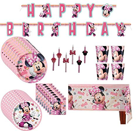 Paquete de suministros para fiesta de cumpleaños de Minnie Mouse: Platos grandes/pequeños, vasos, servilletas, mantel de mesa, pancarta, velas - para 16 invitados
