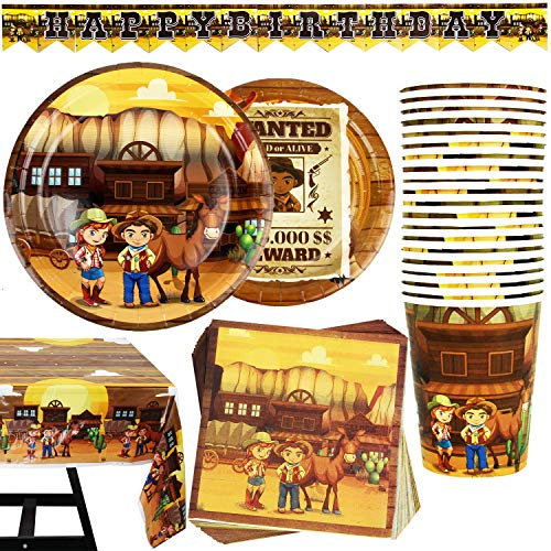 Cowboy Wild West Party-Set für 20 Personen, Banner, Teller, Becher, Servietten und Tischdecke, 82 Teile