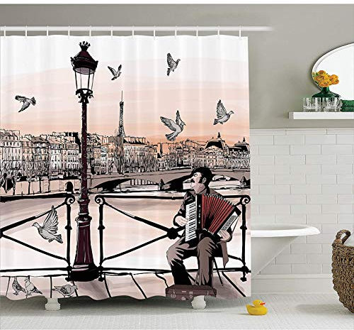 ZLWSSA Musique Rideau De Douche Accordéoniste Jouer Paris Rue Urbaine Européenne Ville Célèbre Ville Graphique Scène Salle De Bains Accessoires 150x180cm