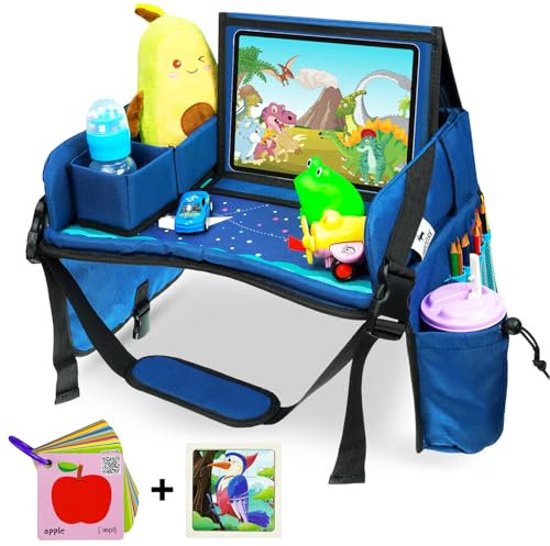 DMoose Kids Travel Tray - Premium 600D Oxford Fabric - Toddler Car Seat Tray with Stationary & Cup Holder - Portable Road Trip Essentials for Kids with Waterproof Tablet Holder & Sturdy Side Walls