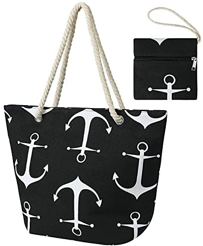Flintronic Große Strandtasche mit Reißverschluss und Innentasche Wasserdicht Strandtasche, Einkaufstasche Shopper für Damen, Schultertasche Einkaufstasche- Schwarz