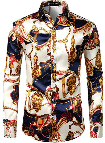 PARKLEES Men's Casual Luxury Printed Silk Like Satin Button Down Dress Shirt for Party Wedding PZLCL11 Beige S
