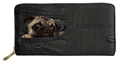 TOADDMOS Langes Portemonnaie mit Pferdemotiv, Handy-Kartenhalter, Clutch, Kapazität Tasche mit Reißverschluss, für Damen und Mädchen, 3D-Denim, schwarzer Mops (Schwarz) - TOADDMOS