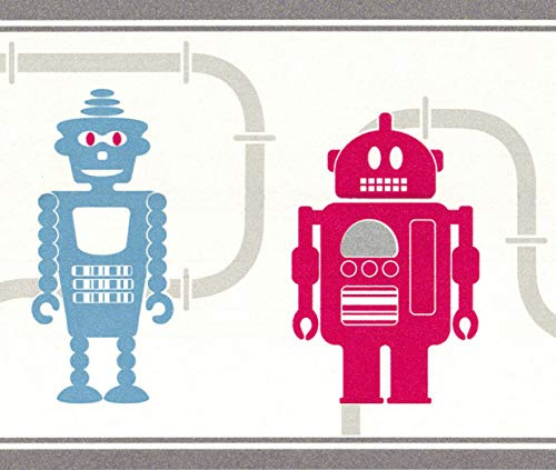 Dundee Deco BRAZBD6328 Prepasted Wallpaper Border - Kids White, Grey, Silver, Red Robots Wall Border Retro Design, 15 ft x 7 in (4.57m x 17.78cm)