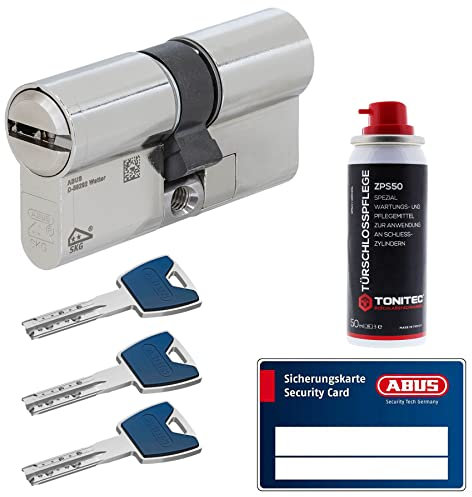 ToniTec Set aus ABUS Schließzylinder EC880 inkl. 3 Schlüssel modular verschiedenschließend Doppelzylinder 45/60|Türzylinder Sicherheitsschloss mit Sicherungskarte und ToniTec Pflegespray