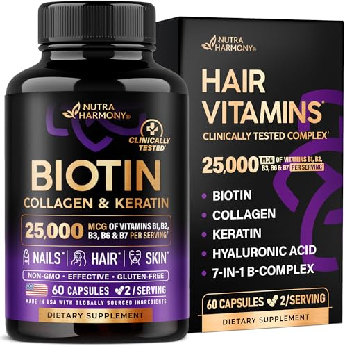Biotin | Collagen | Hyaluronic Acid | Keratin - Support Normal Hair Growth Cycle, Skin & Nails - Clinically Tested - 25000mcg Vitamins B1, B2, B3, B6 & B7 - for Women & Men - Made in USA | 60 Capsules