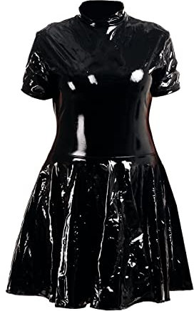 Rubberfashion Sexy Kleid Lack Damen - Skater Outfit - Frauen Minikleid Kurzarm - Slip mit Reissverschluss - Maid Dress Woman Lack schwarz L