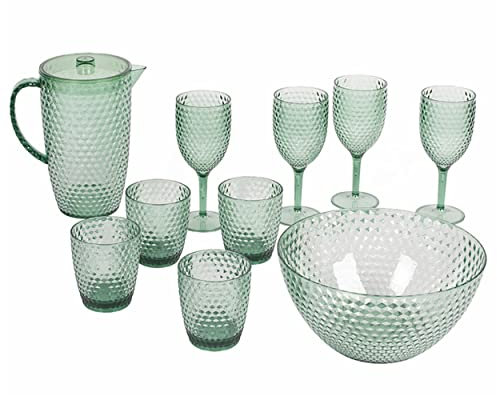 Cambridge COMBO-7986A Fete Set mit Krug, Trink- und Weingläsern und Schüssel, Diamant-Design, 10-teilig, BPA-frei, für den Einsatz im Freien, Partys, Ferienhäuser und fürs Campen, grün