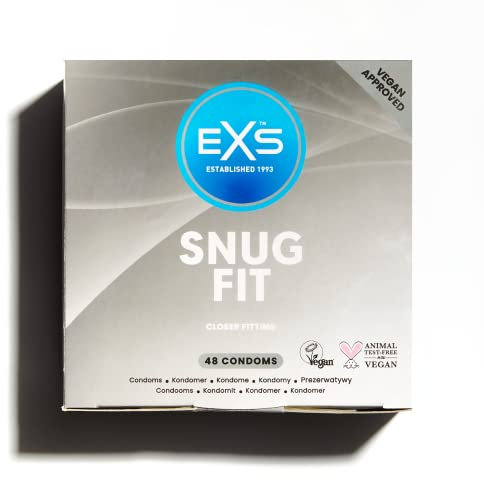 EXS Snug Fit Condoms (48 Pack) 49mm Width, Premium Latex with Non-Spermicidal Lube, Straight-Walled with Teat, PETA-Approved Vegan Condom, 3 Year Life - CE Marked NHS Approved Male Condoms