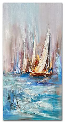 Mintura Kunstwerk, handgemaltes abstraktes Meer und Segelboote, Wandkunst, Bild, Wohnzimmer, Acryl, Leinwand, Hoteldekoration, Ölgemälde auf Leinwand (140 x 280 cm, ungerahmt)