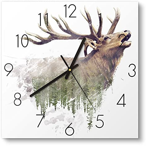 DEQORI Glasuhr | 30x30 cm | Motiv Hirsch röhrt im Wald | ausgefallene leise Design Uhr aus Glas | Wanduhr für Wohnzimmer & Küche | moderne Hingucker Uhr für die Wand