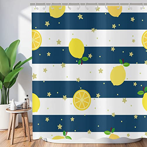 ASDCXZ Duschvorhang Sommer 180x200 cm, Sommer Erfrischend Gelb Zitrone Sterne Marine Weiß Streifen Waschbar Duschvorhänge Antischimmel Polyester Textil Wasserdicht Vorhang für Badewanne mit 12 Haken