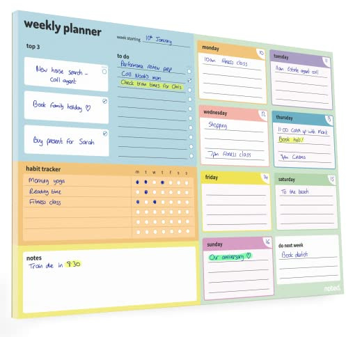Noted A4 Weekly Planner Pad - Top 3, To Do List, Daily Sections & Habits | A4 weekly planner pad with daily sections, top 3 priorities, to do list, habit tracker & notes - 52 sheets