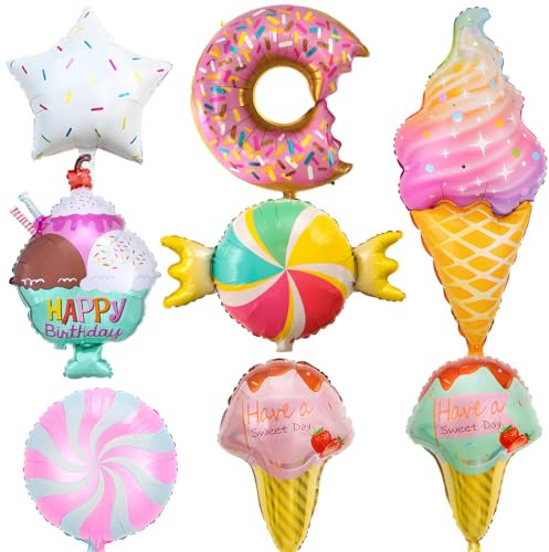 Luftballons Eiscreme, 8 Stück Folienballon Eis Donut Süßigkeiten, Ballons Candy Lollipop, Bunte Luftballon Bonbon, für Geburtstag Sommer Party Dekoration Kinder Geschenk