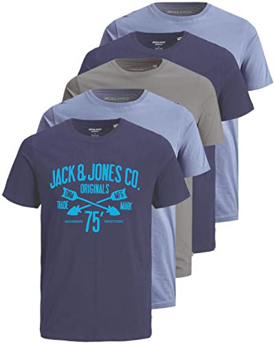 JACK & JONES Herren 5er-Set T-Shirts in verschiedenen Styles, Prints und Farben aus Baumwolle (Irina Slim Fit Pack 2, M)