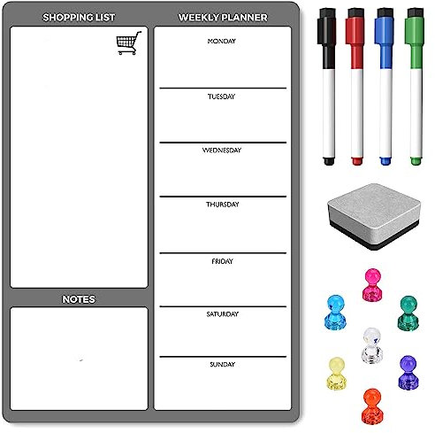 TMS Whiteboard Planner Fridge Magnet 30 x 21cm Magnetic Weekly Planner, Dry Wipe Memo Board, Daily Calendar + Shopping List for Notes, Meal Prep, Reminders or to Do List + Dry Erase Markers