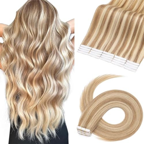 TESS Tape Extensions Echthaar 45 cm, Blond Balayage Tape Klebeband Haarverlängerung 20 pcs Glatt #12P613-Braun/Hell-Lichtblond Remy Tape in Hair Extensions für Haarverdichtung (20pcs-50g)