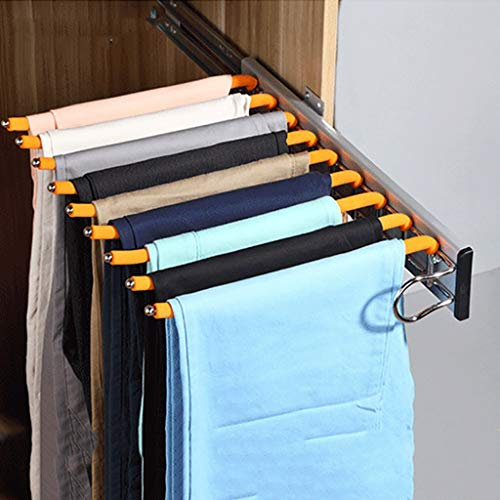 JUNNIU Ausziehbarer Schrank-Hosenständer, auf der rechten Seite montierte Schalhalter-Kleiderstange, 9 Hosenbügel für 46-cm-Kleiderschrank, Edelstahl-Orange Decoration