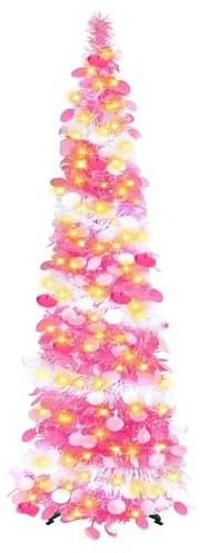 Collapsible Artificial Christmas Tree, 5ft/ 1.5m Christmas Tinsel Tree with 100LED Lights, Pop up Large Sequins Artificial Tree for Xmas Holiday Party Carnival Decorations (Pink&White)