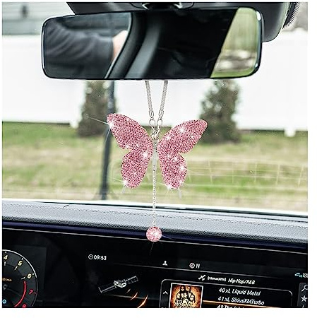 JNNJ Bling Schmetterling Diamant Anhänger für Rückspiegel, Kristall Auto Innenspiegel Hängend Charms, Ornamente Dekoration Anhänger Strass Zubehör für Auto(Rosa)