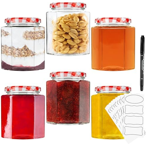 DECO EXPRESS Bocaux en Verre pour Conserve et Stérilisation, Pot à Confiture en Verre avec Couvercle, Verre Transparent, Couvercle à Visser Étanche, Lot avec étiquettes (Rouge, Lot de 6, 500 ml)