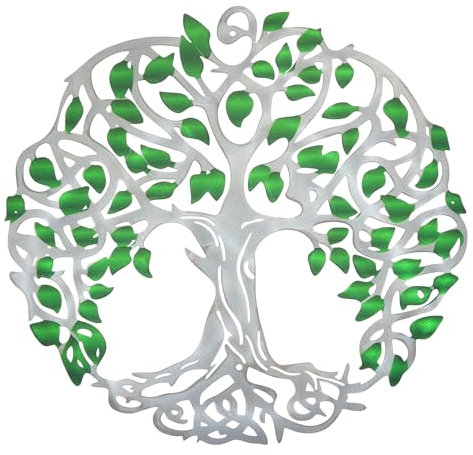 PATIKIL Metal Tree Wall Decor, Tree of Life Wall Sculpture Ornament Hanging Wall Decoration for Home Indoor Outdoor, Green Silver