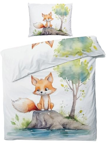 Housse de Couette 140x200 Renard Enfant - Parure de Lit 1 Personne Animaux de la Forêt Enfant, Ensemble de Literie Imprimée en Microfibre Douce avec Fermeture éclair, 1 taie d'oreiller 65x65 cm