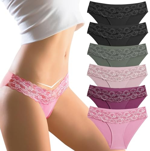 flintronic Seamless Knickers for Women, 6 Pack Invisible Silky Breathable Briefs, Sexy Lace Underwear for Women, Womens Multipack Lace Full Knickers（Multicolor S）