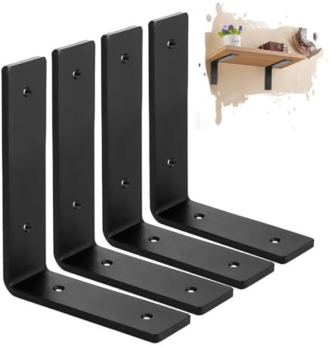 MLOQI 4 Pack Heavy Duty Shelf Brackets, 5mm Thick Scaffold Board L Wall Brackets for Shelves, Black Industrial Shelves Support (12x6/30cm x 15cm)