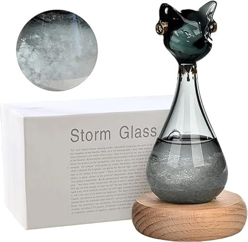 Tuzsocr Storm Glass Weather Forecaster,Liquid Barometer Cat Shape Bottle,Weather Station with Wooden Base,Decorative Bottles for Home Office Living Room,Funy Gift for Women Lady Birthday (Black)