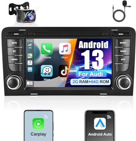 Podofo Android 13 2+64G Radio de Coche para Audi A3 8P S3 RS3 con Carplay Inalámbrico/Android Auto, Pantalla Táctil de 7 Pulgadas Bluetooth/Navi/SWC/WiFi/Mirror Link/FM/RDS/HiFi+Cámara de Marcha Atrás