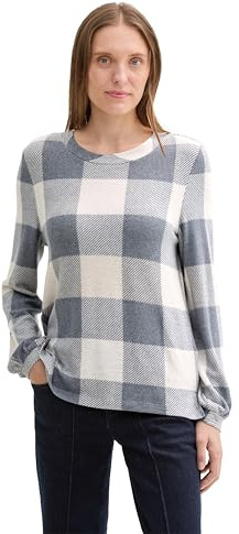 TOM TAILOR Damen Basic Longsleeve mit Karomuster,36150 - Cosy Navy Print Check, M