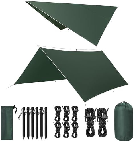 VOSOIR Bâche Anti-Pluie, 3x3M Camping Bâche Rain Tarp, Toile de Tente Imperméable Anti-UV, Léger Portable, avec 9 Oeillets +Clou en Aluminium+Corde à Vent, Randonnée, Hamac, Extérieur(Vert Foncé)