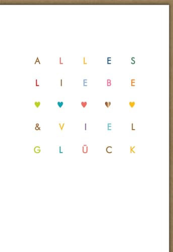 Grußkarte mit bunten Buchstaben – 'Alles Liebe & viel Glück' Wunschtext, Herz-Motive, für Geburtstag, Erfolg, Prüfung - mit Umschlag