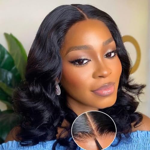 Perruque Bresilienne Cheveux Humain Sans Colle 4x4 HD Lace Wear and Go Glueless Wig Human Hair Perruque Femme Naturelle Brésilien Pre Cut Lace Body Wave Wig Couleur Naturelle 180% Densité (16 pouces)