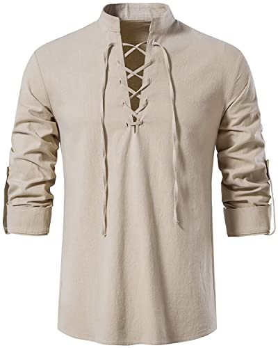 LUYANA Mens Medieval Shirt Long Sleeve Top Pirate Costume | Classic, Retro Lace-Up, Casual Medieval Vintage Costume, Renaissance, Viking, Halloween Cosplay