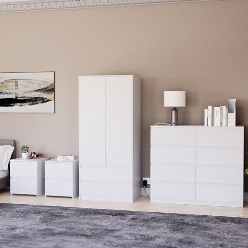 Vida Designs Denver Bedroom Furniture Set (White, 4pc-8 DWR Chest+2 Dr Wardrobe+2 x 2 DWR Nightstand)
