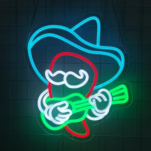 WIOSOUL Gitarren-Neonschild, LED-Acryl-Neonlampe mit per USB dimmbarem Neonlicht, Chili-Gitarren-Neonschild für Schlafzimmer, Neonschild für Musikstudio, Bar, Geburtstag, Weihnachten, Hochzeit