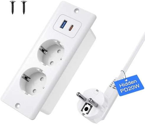 Enchufe de Mesa con USB-C, Enchufe empotrable con USB, regleta empotrada con Interruptor, regleta de Escritorio empotrable, Color Blanco