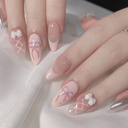 Ceboic 24 Pcs French Tip Press on Nails - Medium Long Pink Almond False Nails With 3D Bow Designs, Solid Color False Nails, Natural Cute Ballerina Stick on Nail for Women Girls Nail Art