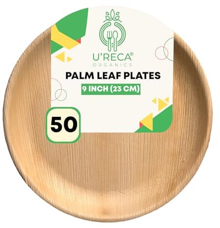 U'reca Organics Eco-Friendly Areca Palm Leaf Round Plates | 9 - Pack of 50 | Ideal for Casual Dining, Office Lunches & Takeaways | Sturdy, Leakproof, Compostable