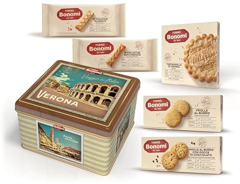 Forno Bonomi, biscotti assortiti in una scatola regalo di latta dedicata a Verona. La migliore selezione della nostra pasticceria in una confezione quadrata da 770 grammi.